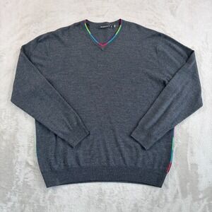 Bugatchi 100% Merino Wool V Neck Sweater in Grey Men 2XL Contrast Trim Preppy